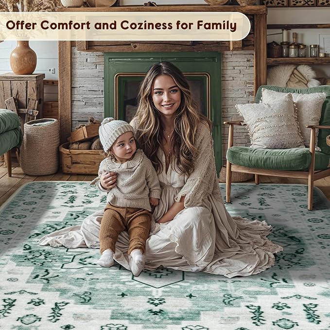 LBRO2M Machine Washable Rug Soft Pet Friendly Carpet 5X7 Light Green | Area Rug 5X7 for Living Room, Bedroom, Dining Room, Home Office, Non Slip Carpet, Foldable Stain Resistant Rugs
