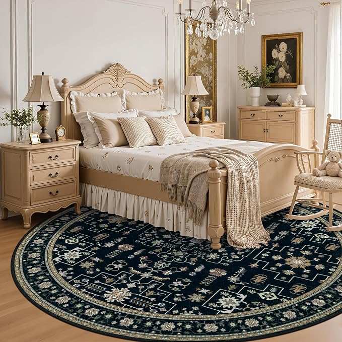 Round Area Rug for Living Room: 6ft Washable Rug for Bedroom Black | Vintage Boho Soft Round Rug Indoor Floor No Slip Carpet Stain Resistant Rugs for Bedroom Dining Room Nursery Home Office
