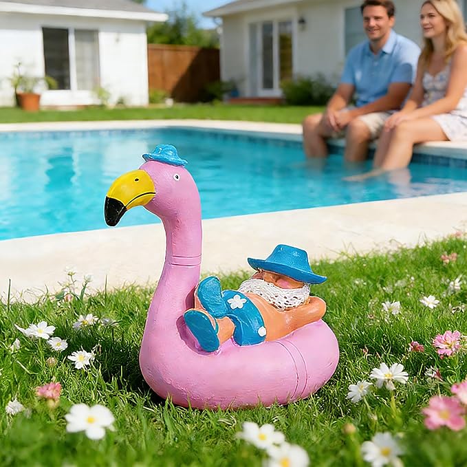 Teaeeno Garden Gnome on Flamingo - Funny Gnome Figurine - Cute Gnome Lawn Statue - for Outdoor or House Decor