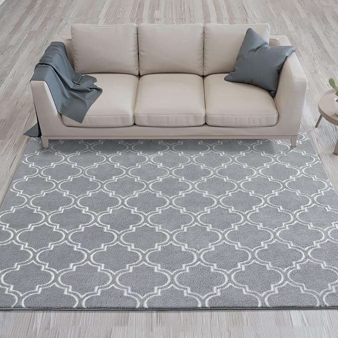 Chicrug 6x9 Shag Geometric Modern Area Rug for Bedroom Living Room | Memory Foam Indoor Carpet, Fluffy Rug for Bedside Room for Family Girls Kids Play Mat, Grey and White