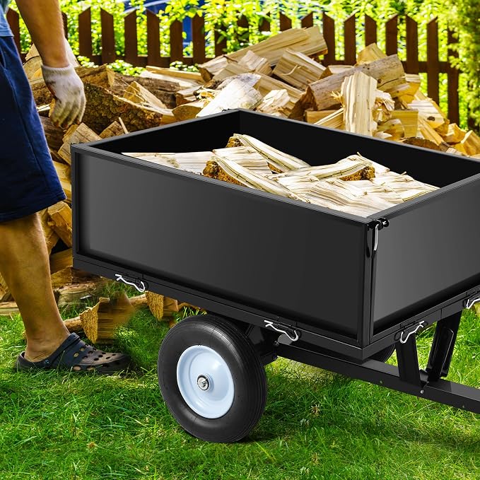 GarveeTech Heavy Duty Steel Dump Trailer, 500 LBS/11.4 Cu.Ft Capacity Garden Dump Cart for Lawn Mower, Utility Trailer with Removeable Rear Panel, Designed for Tractor, ATV, UTV, Black