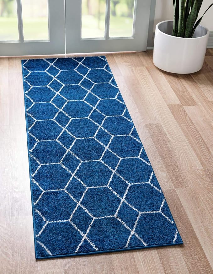 Unique Loom Trellis Frieze Collection Area Rug - Geometric (2' x 13' 1" Runner Navy Blue/Ivory)