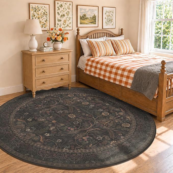 Washable 8ft Large Round Area Rug for Living Room, Black and Brown Moody Floral Circle Carpet, Cottagecore Aesthetic Floor Rug for Bedroom, Non-Slip Stain Resistant Carpet for Dining Room