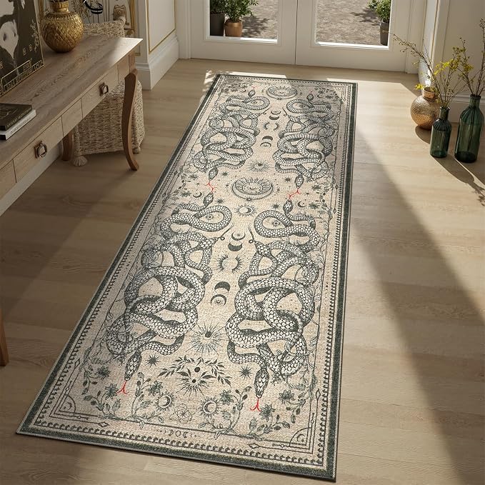 DCX 2x6 Washable Snake Rug for Living Room, Non Slip Low Pile Rug, Beige | Rugs for entryway, kitchen, dining room, office, soft, kid & pet friendly, sain resistant indoor carpet, home decor