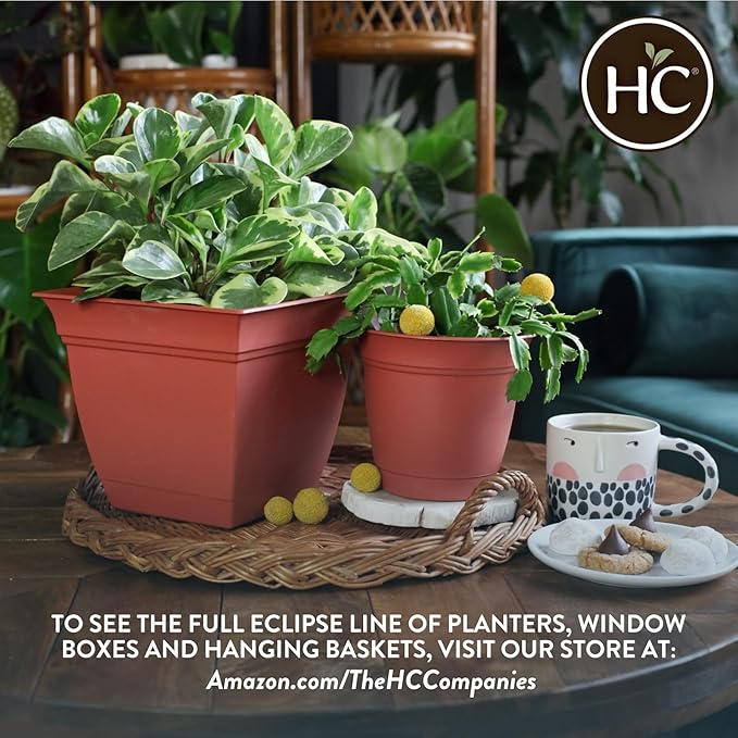 The HC Companies Eclipse Round Planter with Saucer - Outdoor & Indoor Plant Pot with Drainage Holes - Lightweight, UV-Resistant Plastic Pots for Plants, Flowers & Herbs (8" Black, Pack of 1)