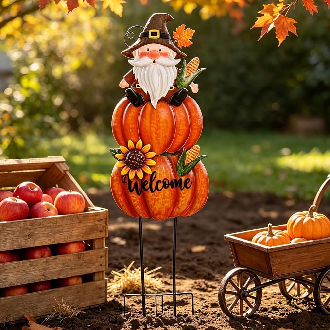 Fall Gnome Yard Stakes Large 39.3inch for Thanksgiving Decor | Metal Pumpkins for Outdoors Garden Patio Autumn Harvest Outdoor Decor