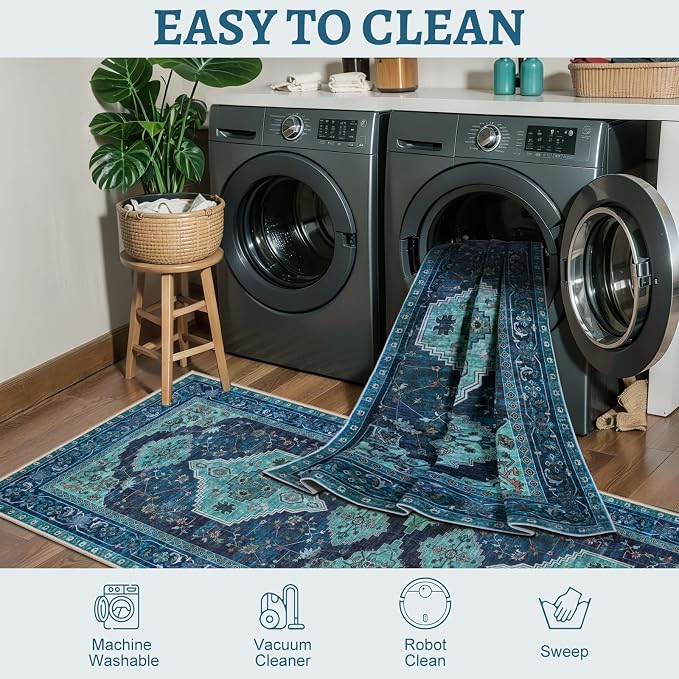 Tangsoo Oriental 2x3 Washable Rugs for Entryway, Non Slip Small Area Rug | Teal Vintage Indoor Front Door Rug, Boho Print Door Mat Carpet, Soft Low Pile Throw Rugs for Entrance Entry Kitchen Bedroom