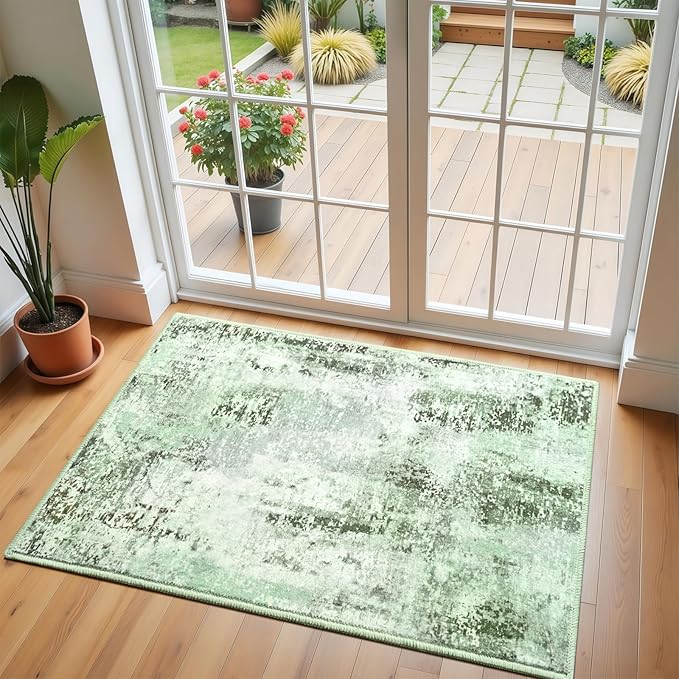 Green Washable Small Area Rug, 2x3 Abstract Non-Slip Door Mat, Modern Low Pile Indoor Entryway Rugs, Stain Resistant Throw Carpet for Front Door, Kitchen, Entry, Inside Entrance