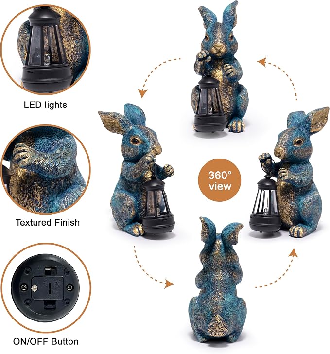 basen Outdoor Bunny Statue with LED Lantern, Battery Powered Resin Rabbit Garden Decor, Weather Resistant Lawn Yard Patio Ornament for Outdoor Indoor Spring Easter Home Decoration