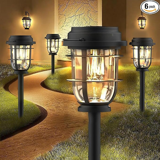 Vuees 6-Pack Solar Pathway Lights, 3-in-1 Design Outdoor Garden Patio Decor | 3000K warm glow, stake, tabletop or hanging setup, no wiring, rain-ready build, walkway, poolside and deck placement