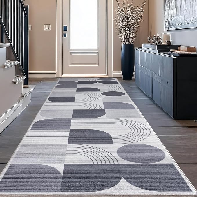 Soft Modern Geometric Abstract Machine Washable 2x6 Runner Rug | Grey Rugs for Bedroom Living Room, Non-Shedding Faux Wool Indoor Throw Floor Carpet for Office Entryway Dining Room Decor