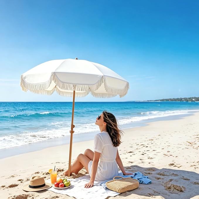 Seazul 6.5ft Patio Umbrella with Fringe, Beach Umbrella, Fringe Umbrella Outdoor Patio with Hanging Hook, Tilting Aluminum Pole, UV 50+, Fiberglass Ribs, Elegant Cream