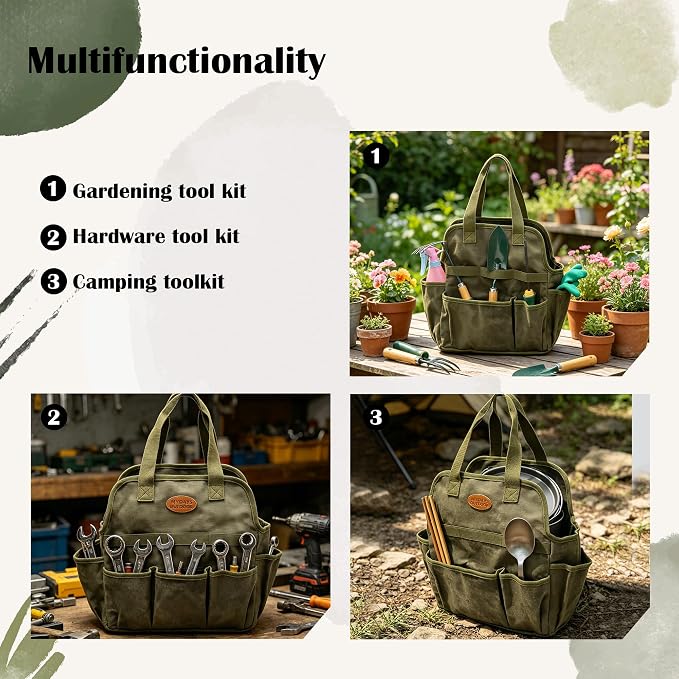 Waxed Canvas Utility Tote Bag, Large Capacity Multi-Pocket Garden Tool Bag, Heavy Duty Waterproof Work Tote for Camping, Gardening, Organizer Storage Bag for Men Women, Army Green