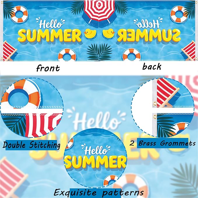 Hello Summer Flag 3x5 Ft Double Sided, Season Yard Banner with 2 Brass Grommets, Funny Pool Print, Durable Outdoor Decor for Patio Yard Lawn, Pool Party Supplies