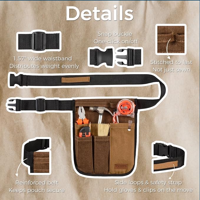 Garden Tool Belt for Women & Men, Slim Denim Garden Apron with 4 Pockets, Lightweight Adjustable Tool Pouch for Gardening, Florist, DIY & Craft, Khaki