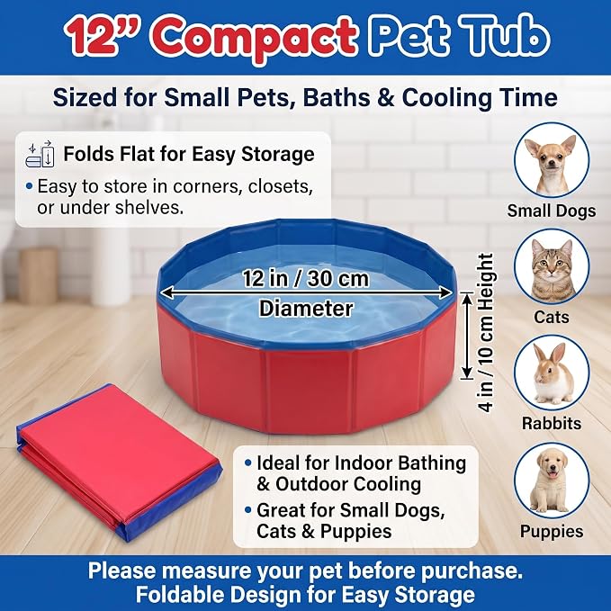 Foldable Dog Pool, 12 x 4 Inch Collapsible Pet Tub | Portable Hard Plastic Shell Wading Pool for Small Dogs, Cats, Puppies, Indoor Outdoor Bathing, Cooling & Easy Storage