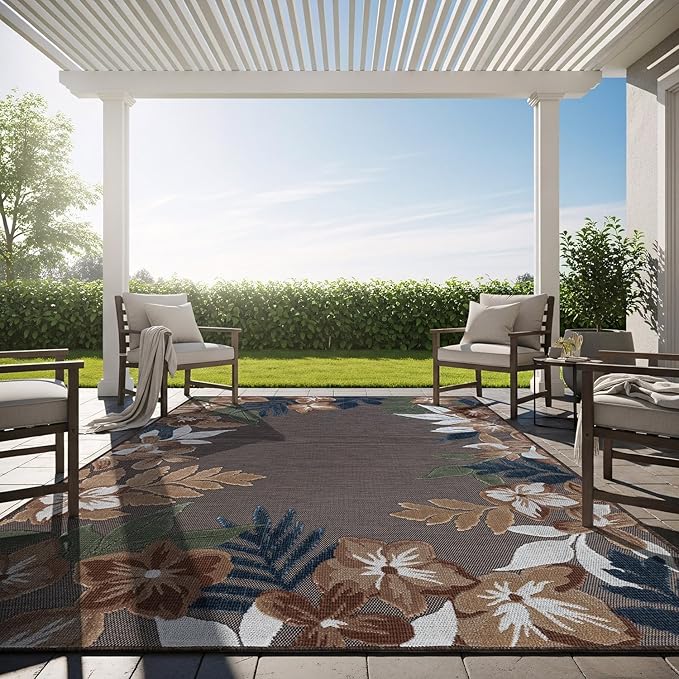 Outdoor Rug 9x12 Washable Area Rugs Indoor Outdoor Carpets Brown Border Floral Non Shedding Waterproof Easy Clean Patio Deck Porch Living Room Bedroom Garden RV (9 X 12 Brown)