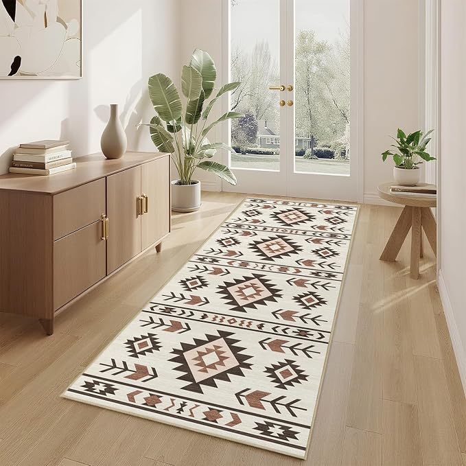 Western Runner Rug 2x6 for Hallway Kitchen Bedroom, Southwestern Aztec Tribal Runner Rugs Southwest Navajo Machine Washable Rug Non-Slip Printed Low-Pile Floor Carpet Mat for Living Room, Beige