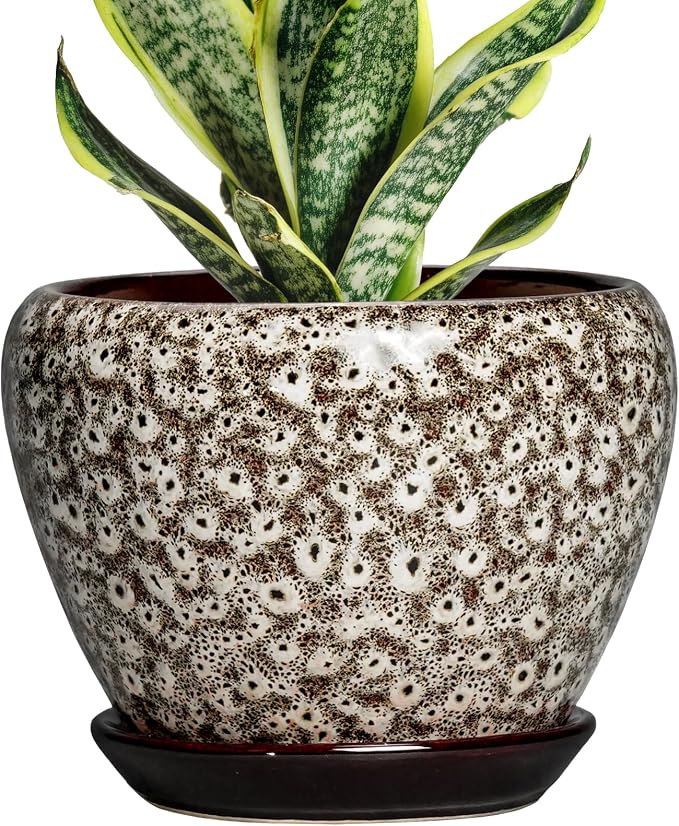 6 Inch Pots for Plants - Ceramic Plant Pots with Drainage Hole and Saucer, Round Planters for Indoor Plants Outdoor, Decorative Planter, Home Decor, Gifts for Plant Lovers, White Leopard