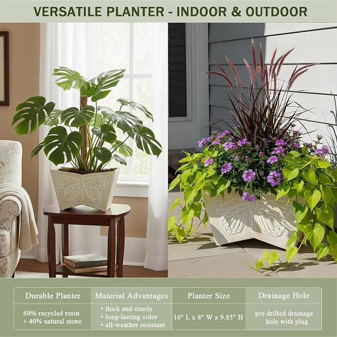 GreenShip 16 Inch Large Resin Flower Pots, Resin Planter Pot with Drainage Hole, Vintage Butterfly Embossed Decorative Garden Pot, Weather-Resistant for Porch, Patio, Indoor Use, Beige