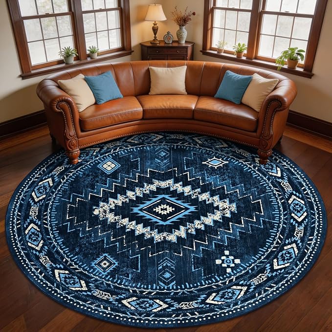 Yinhua 6ft Round Rug Washable, Western Circle Area Rug Non Slip | Navy Blue Aztec Rugs Low Pile, Soft Stain Resistant Carpet for Dining Room Table Nursery