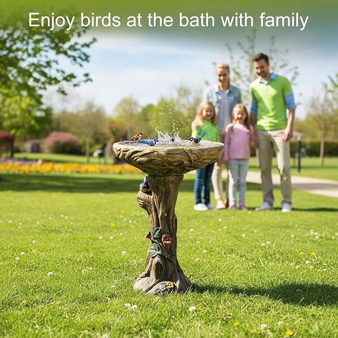 SKYFIRE 25.5” H Fibre Reinforced Concrete Bird Bath with Birds for Garden, Woodland Tree Trunk Decoration Outdoor Bird Bath，Pedestal Birdbaths for Outdoors, Garden, Patio, Lawn, Backyard
