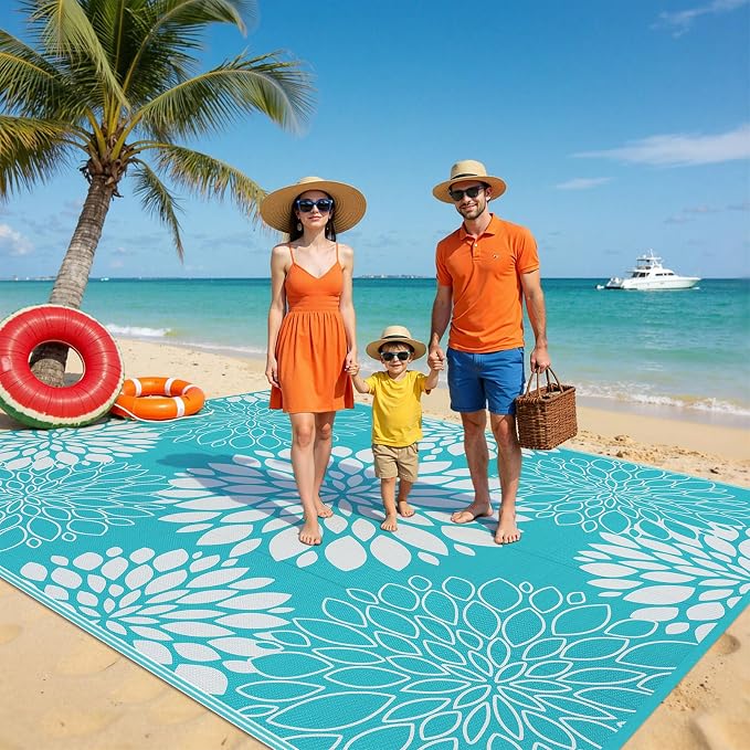 Ileading Waterproof Outdoor Rug 9x12, Reversible Plastic Straw Patio Rug, Portable Indoor Outdoor RV Camping Mat Carpet for Deck, Porch, Balcony, Backyard, Picnic, Floral Teal