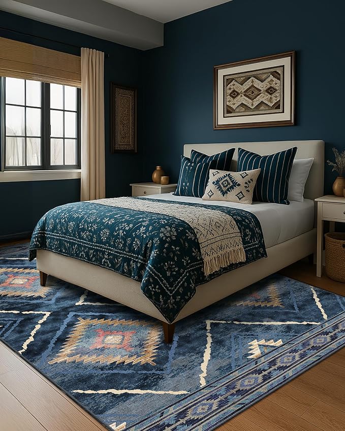 9'x12' Washable Area Rug for Living Room Bedroom Darkblue | Soft Western No Slip Low Pile Print Foldable Indoor for Kitchen Dining Room