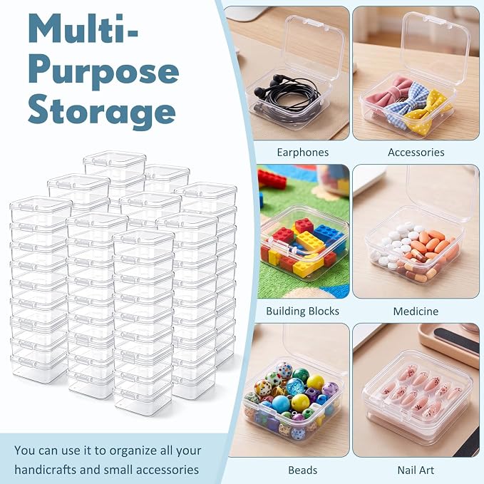 SATINIOR 300 Pcs Clear Plastic Beads Storage Containers Box Small Clear Boxes with Hinged Lid Plastic Case Mini Square Arts Crafts Storage Organizers for Small Items (1.7 × 1.7 × 0.8 Inch)