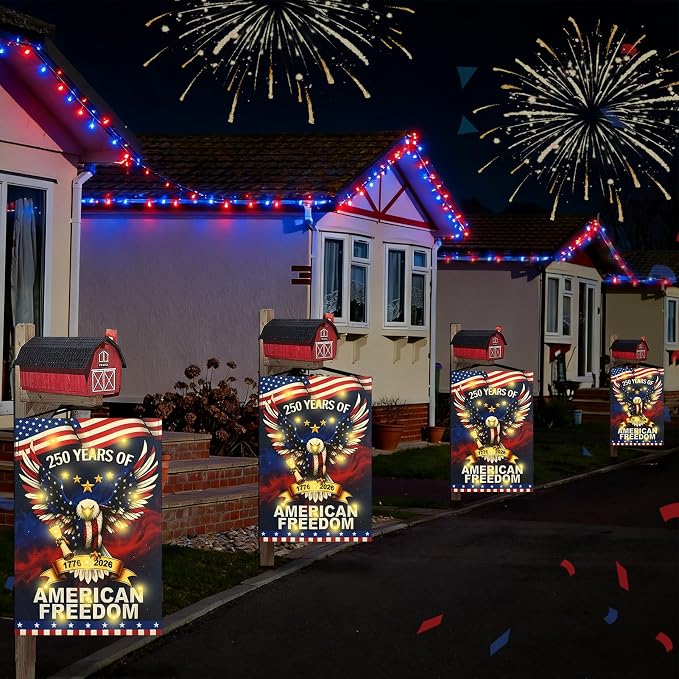 Lighted 250th Anniversary USA Garden Flag for Outside, Solar Led Double-sided Patriotic Banner with 1776-2026 250 Years of American Freedom Design for Independence Day, July 4th Decor (LED USA Eagle, 12 x 18 Inch)
