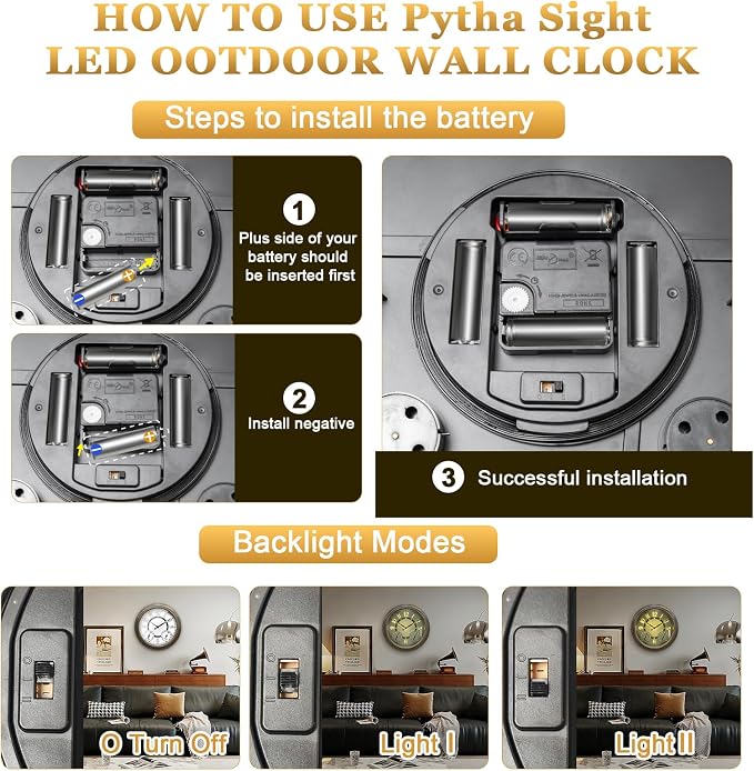 Pytha Sight Illuminated Large Metal Outdoor Clocks Waterproof 15 Inches with AI Auto Light Smart Sensor,Large Indoor Outdoor Wall Clocks with Thermometer & Hygrometer for Patio, Pool, Garden,Porch
