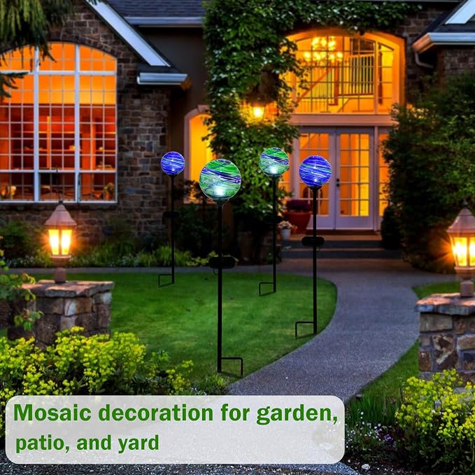 Solar Outdoor Decorative Lights Color Swirl Solar Garden Stake Glaze Glass LED Garden Globe Lights Outdoor Decorative Light for Pathway Yard Lawn Decoration 2 Pack Blue&Green