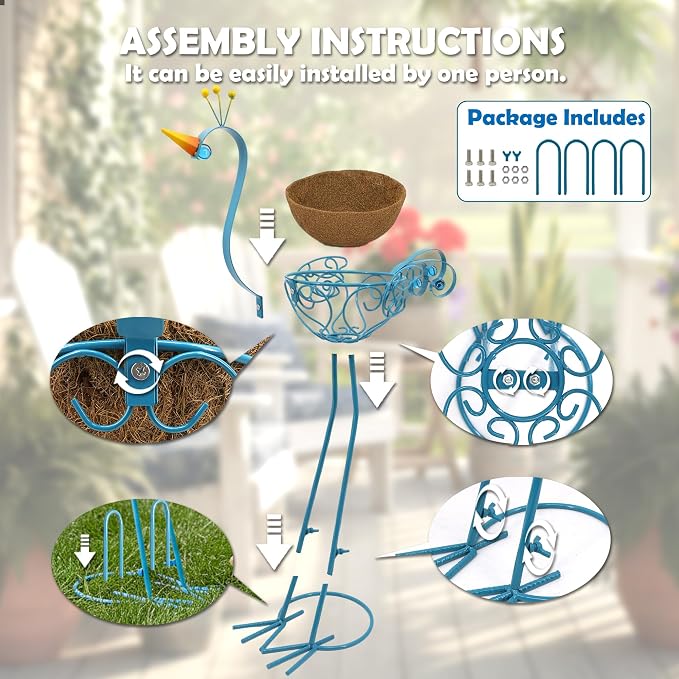 Peacock Metal Plant Stand 2 Sets Flower Pots Holders, Planters for Outdoor | J-Fly; Plants with Coconut Pots, Front Porch Garden Balcony Patio Decor for Plant, Great gift choice; Garden Lawn Yard Décor