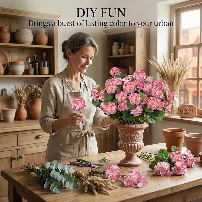 12 Pcs Artificial Geranium Flowers for Outdoor, UV Resistant Geraniums Artificial Flowers Realistic Faux Flowers Outdoor for Planters Outside Porch Garden Decor (15.3", Pink)