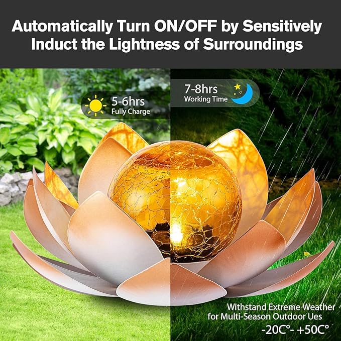 AIINY Garden Solar Lights Outdoor(2Pack), Amber Crackle Globe Glass Lotus Decoration, Waterproof Orange Metal LED Flower Lights for Patio,Lawn,Walkway,Tabletop,Ground, Garden Gifts for Women
