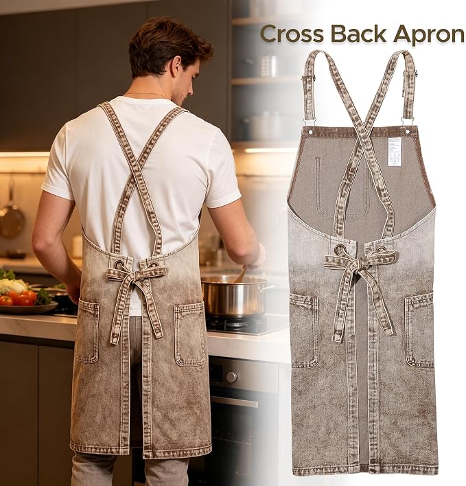 Denim Chef Apron for Women with Pockets, Jean Waitress Server Kitchen Apron for Men Cooking Gardening Painting