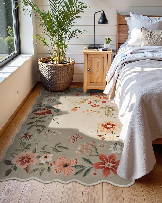 Lahome Floral Washable Rug, 3x5 Rug Soft Bedroom Rugs for Entryway Dorm | Non Slip Ultra-Thin Boho Rugs for Living Room Stain Resistan Throw Carpet for Nursery Entrance Flore, Brown