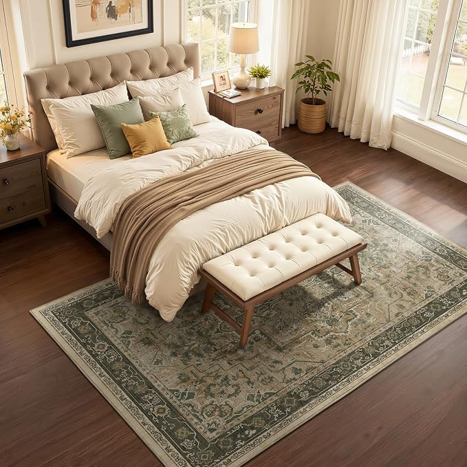 Moody 6x9 Area Rugs for Living Room, Low Pile Thin Washable Non Slip Rugs for Bedroom Dining Room, Vintage Medallion Distressed Carpet for Home Office Guest Room, Multi Brown/Green