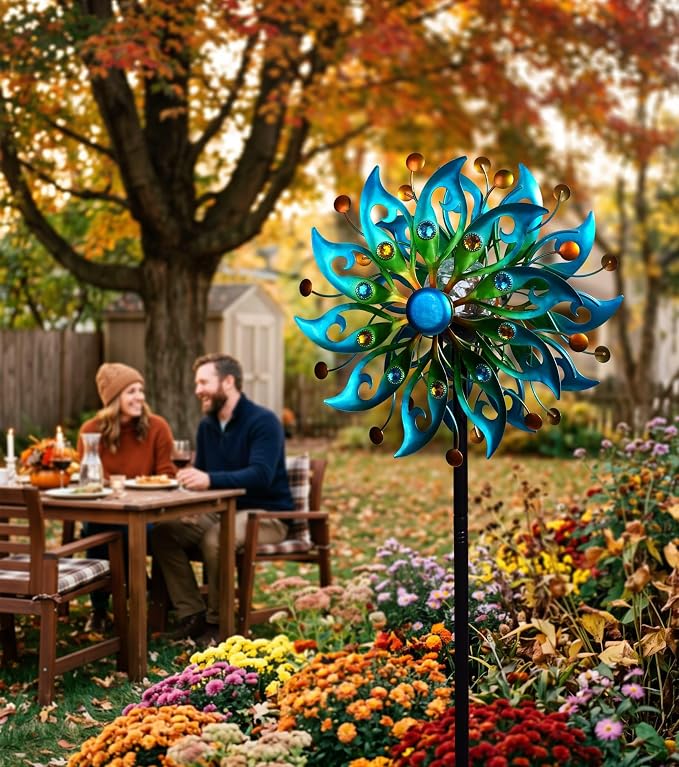 Solar Wind Spinners Outdoor, Yard Decorations Outdoor, Peacock Decor | Hand-Crafted Art,Weather-Resistant,Heavy-Duty,Whisper-Quiet Dual-Bearing,Auto-Glow Solar Crackle Ball,Stable 5-Prong Stake