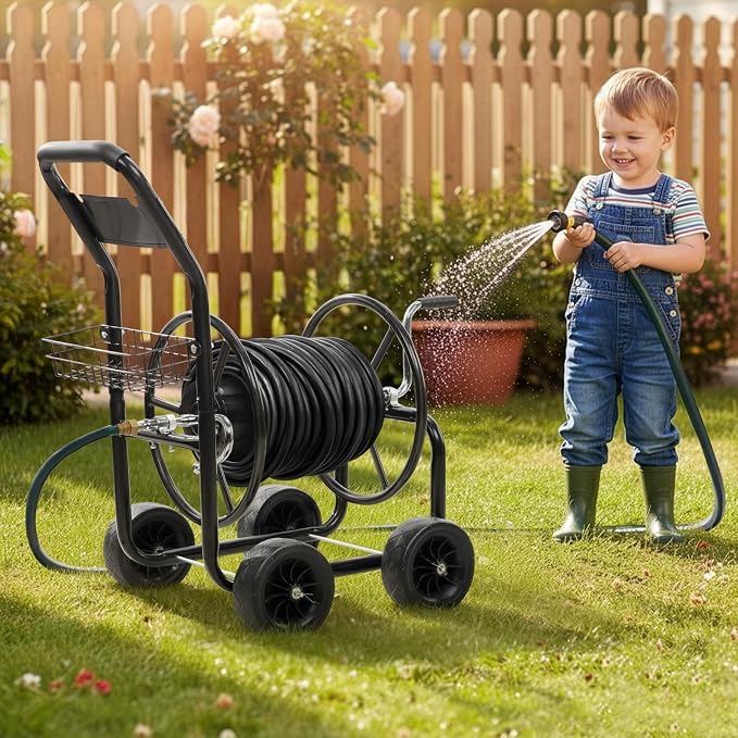 VINGLI 300FT 5/8in Garden Hose Reel Cart, 4-Wheel Portable Residential Hose Reel Cart, Hose Guide System with Storage Basket, Rust Resistant, for Family Yard, Garden and Farm (Black)
