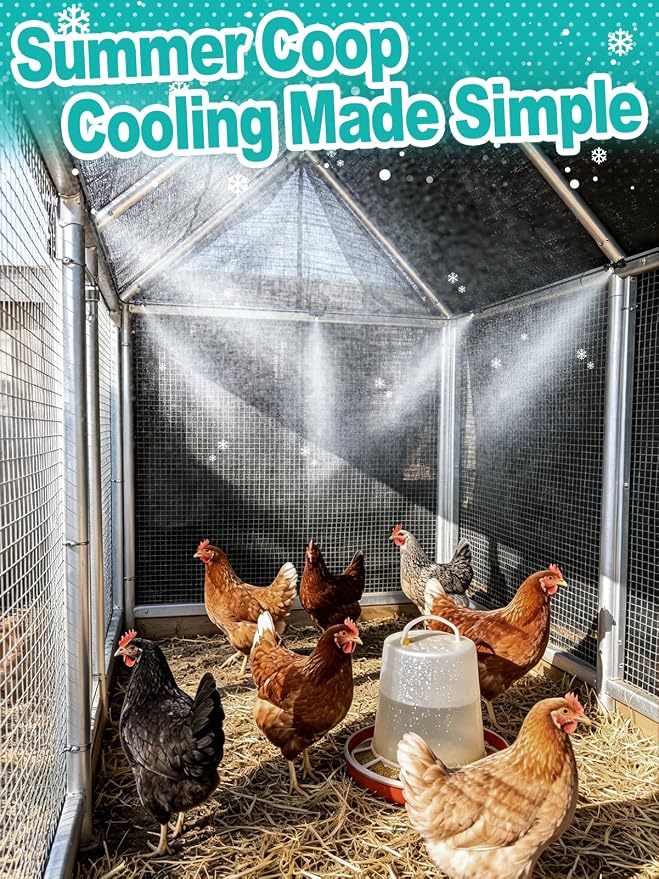 Pre-Assembled Chicken Coop Misting System for Cooling - Leak-Resistant Mist Hose Kit for Summer Poultry Heat Relief, Included 26ft Line, 3/4" Adapter, 7 Brass Nozzles, Filter Gasket Accessories