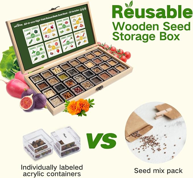 Lush&Dew Raised Garden Bed Heirloom Seed Bank, 32 Type 30000+ Non-GMO Seeds | USA-Sourced Seeds for Planting Vegetables Herbs Fruits, Gardening Gifts for Women Men, Survival Seed Vault Kit, Food Supplies