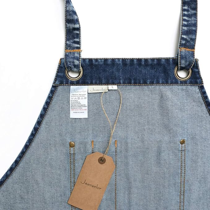 Jeanerlor Denim Hair Stylist Apron With Pockets for Men, Acid Washed Jean Work Aprons Cross Back for Hairstylist with Tool Pockets (Denim Blue) Adjustable L to XXL