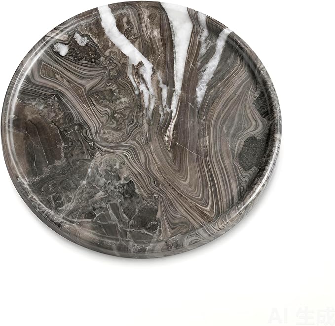 Real Natural Marble Round Tray 10.2in Solid Stone Decorative Plate | Luxury Brown Marble Decor Tray for Candle, Jewelry, Plant. Food-Safe Solid Stone Serving Dish with Unique Veining