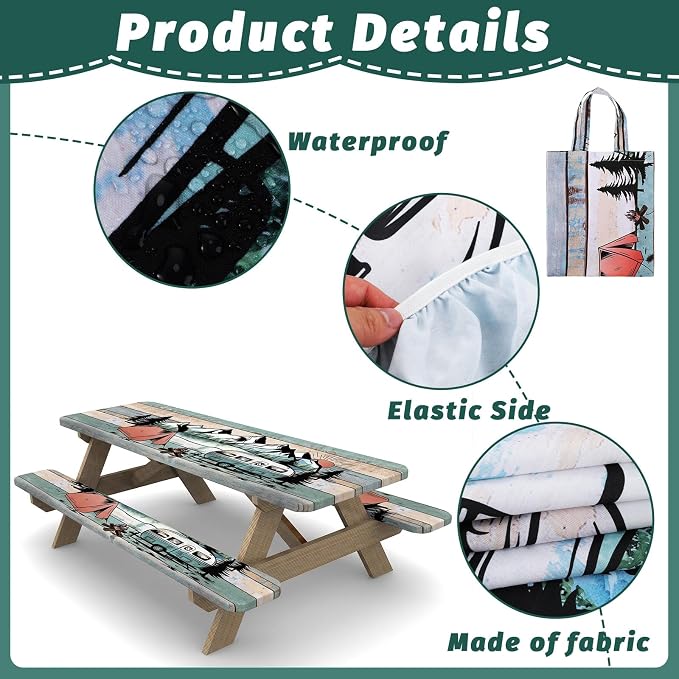 Picnic Table Cover with Bench Covers Elastic Edges Outdoor Camping Essentials 4 Pcs Scenery Waterproof Oil-Proof Tablecloth with Handbag for RV Accessories Farmhouse Camping Rustic Party Decor 72 IN