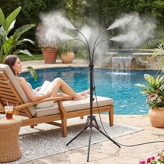 Gugxiom 5.3FT Standing Misters for Outside Patio, 26.5FT Water Supply Line & Adjustable Height & 5 Brass Nozzles, Portable Water Mister for Patio BBQ Pool