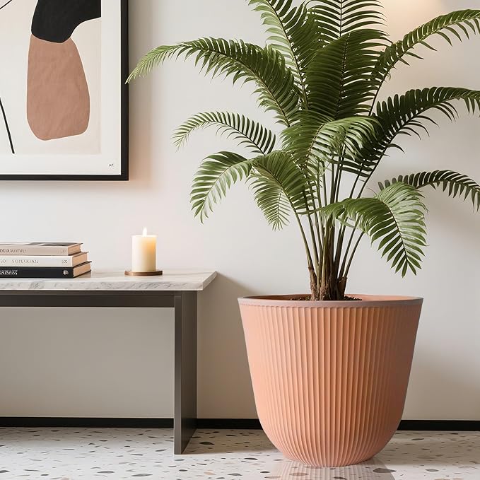 Worth Garden Round Large Planter Pot Set of 2, 17.5" Dia x 15.5" H - Durable Plastic Terracotta Plant Tree Pots with Vertical Stripe Textured Finish, Drainage Hole for Indoor Outdoor Front Porch Patio