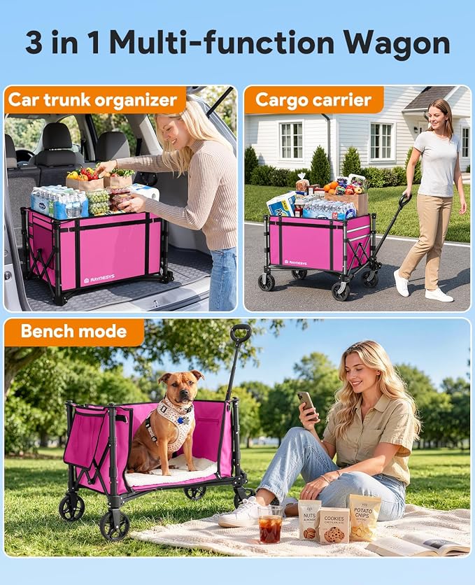 3 in 1 Collapsible Wagon Converts to Bench, 220lbs Foldable Wagon Cart with Wheels, 120L Shopping Cart for Groceries Folding Utility Wagon for Beach, Garden, Camping, Sport, Wheelbarrows, Pink