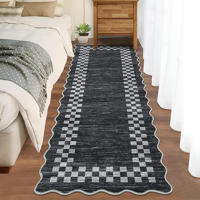 GarveeHome Hallway Runner Rug 2x6 Non Slip Scalloped Washable Kitchen Rug | Entry Stain Resistant Modern Border Throw Floor Carpet Long Runner Mat for Bathroom Living Room Bedside, Grey