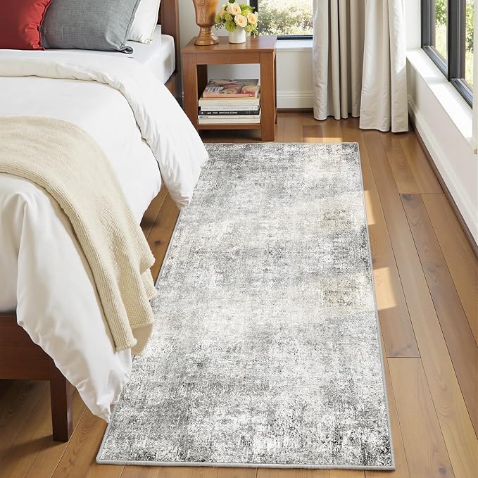 RELEANY Washable Runner 2'x6' Abstract Area Rug for Hallway Gray White | Carpet for Kitchen, Entryway, Bathroom, Living Room, Bedroom, Printed Pattern, Non‑Slip, Soft, Stain‑Resistant, Easy to Clean